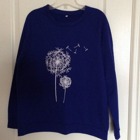 Women's Blue Dandelion Sweatshirt Size L Long Sleeves Graphic Sweater - Picture 1 of 5